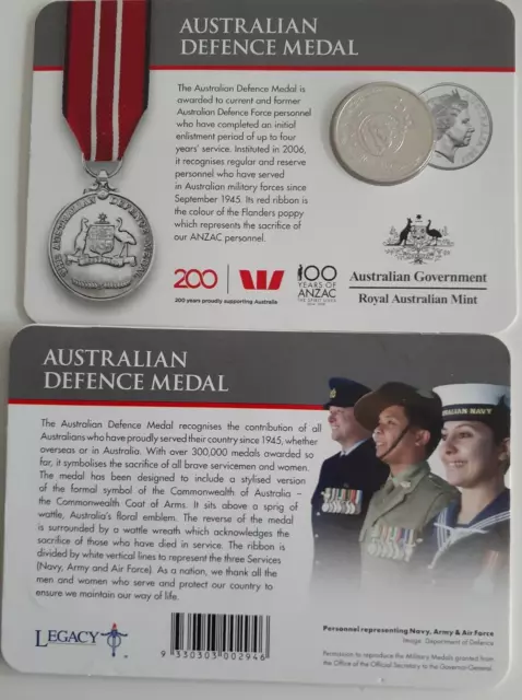 2017 ANZAC Legends 20c Australian Defence Medal Carded Coin D4-787