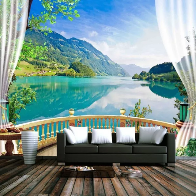 Balcony Window Lake Forest Mountains Scenery Custom 3D Photo Wallpaper Backdrop