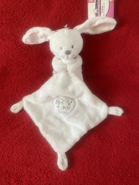 🇫🇷Doudou Lapin Blanc Mouchoir Blanc Gris Mon Petit Cœur POMMETTE 100 % NEUF