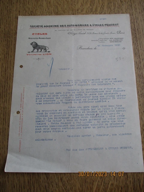 facture lettre ancienne illustrée " Cycles " Lion a Beaulieu 1912 . ref 202