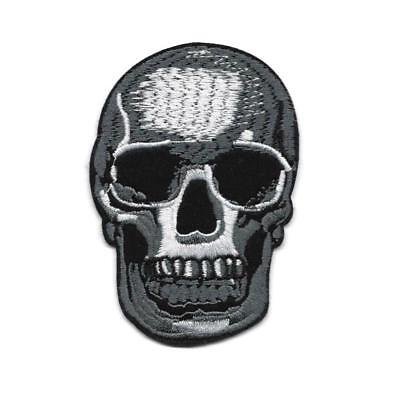 SKULL IRON ON PATCH 3.5" Biker Rocker Goth Skeleton Gray White Black Embroidered