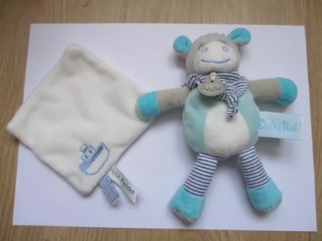 Doudou avec carré vache babynat' bleu blanc bateau baby nat rayé zèbre mouchoir