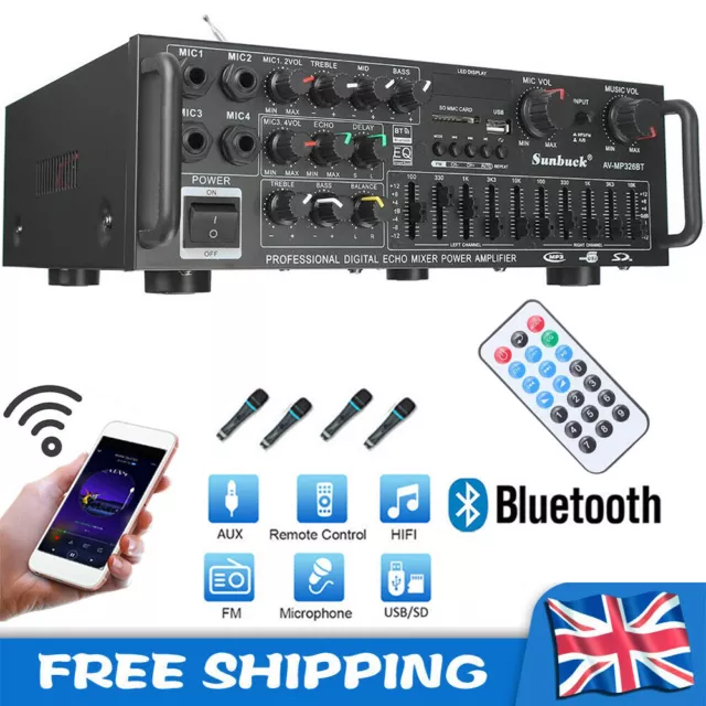 2000W Digital Power Amplifier Bluetooth Stereo HiFi Audio 2CH USB SD FM Home Car