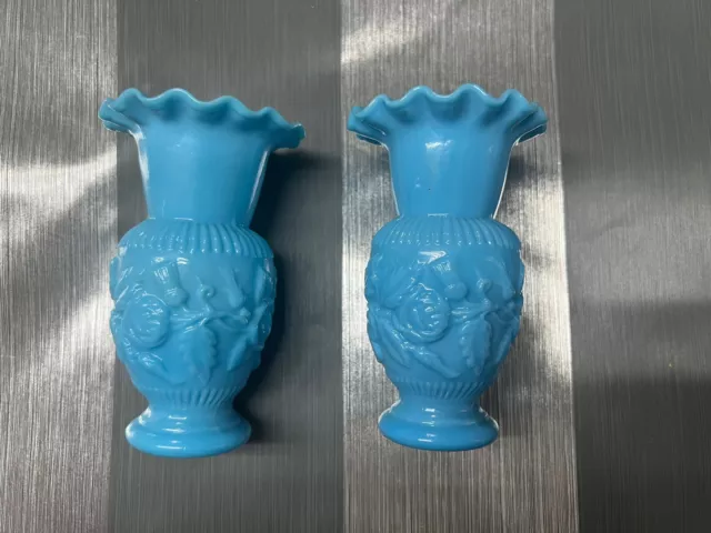 Pair Of Victorian Blue Milk Glass Mini Vase