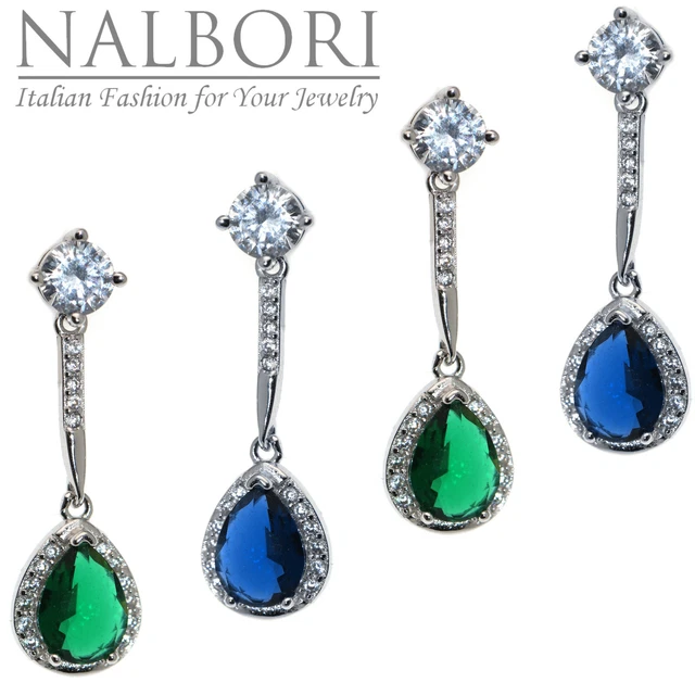 Boucles D'oreilles Pendantes - Goutte De Jade Et Zircon Bleu, Argent 925 Plaqué Or