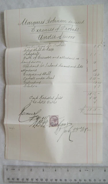 1892 signed receipt with revenue Expences of Probate, Margaret Robinson