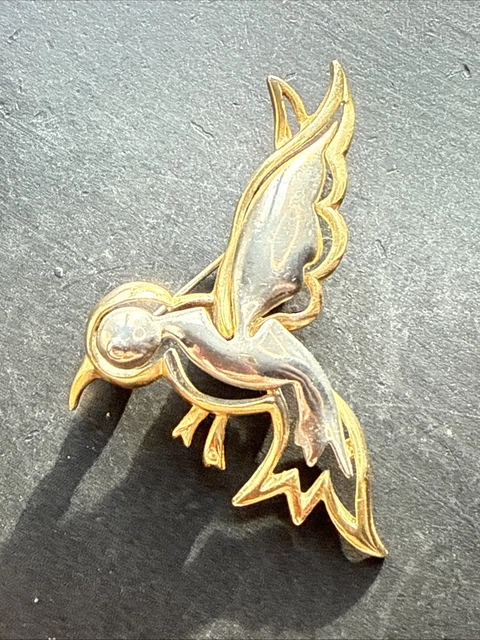 Broche Ancienne Art Déco En Plaqué Or 18k - Motif Plume, Bijou Vintage Créateur