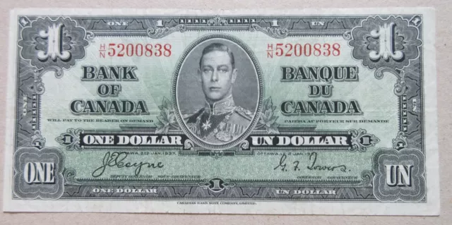 1937 Bank of Canada One Dollar Bill. Coyne - Towers $1 VF - EF Bank Note (PS2-C)