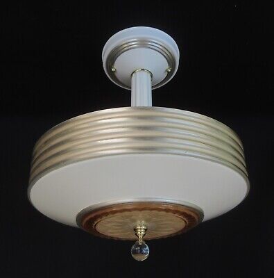 Restored/Rewired Aluminum/Glass Art Deco Semi Flush Ceiling Light Fixture  FX322