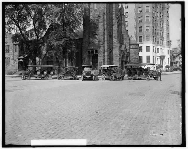 1910 Photo of Tourist buses in front of church with Hotel Tuller at right Detroi