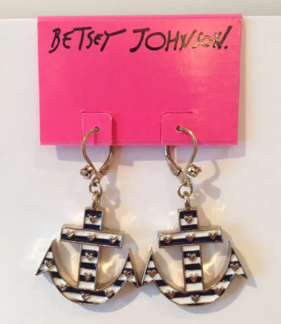 NWT Rare Betsey Johnson Blue White Anchor Heart Stripes Dangle Earrings