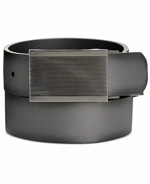 $126 Alfani Men's Black Gray Leather Reversible Plaque Buckle Dress Belt Size 32