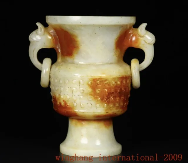 5"Collect exquisite Hetian jade carved Han Dynasty binaural zun wineglass cup