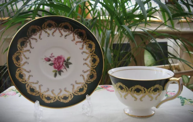 Aynsley Tea Cup & Saucer, Forest Green & Gold Filigree, Hand Painted Pink Rose