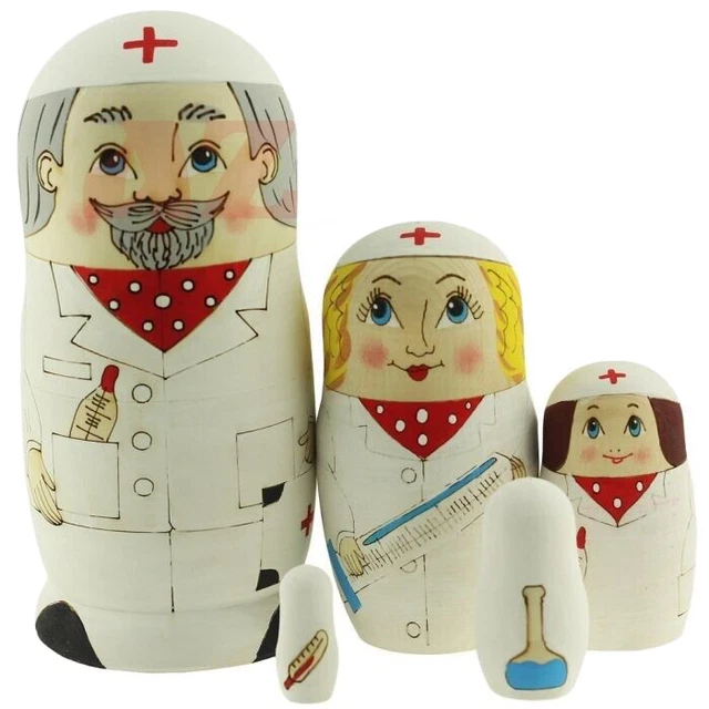 Matroschka 5tlg. teilweise gebrannt handgemalt Arzt, Krankenschwester, 15 cm