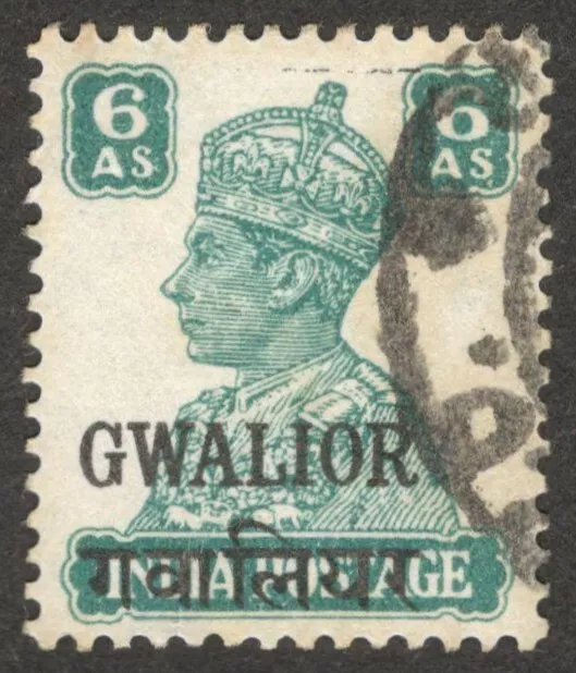 (AOP) India Gwalior State KGVI 1938-48 6a turquoise green used. SG 51a £16