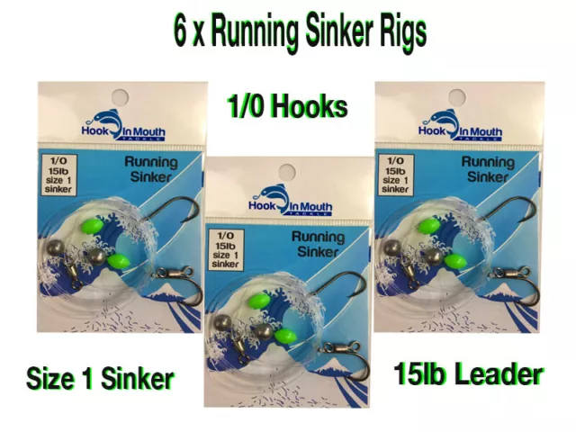 6 Running Sinker Whiting Fishing Rigs - 1/0 Octopus Hook Size 1 Sinker 15lb Rig