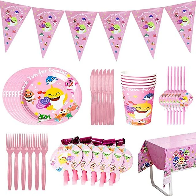PINK BABY SHARK Kids Birthday Party Supplies Tableware Decors Cups