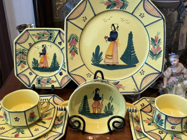 9 Pc. Henriot Quimper Yellow Hand Painted French China