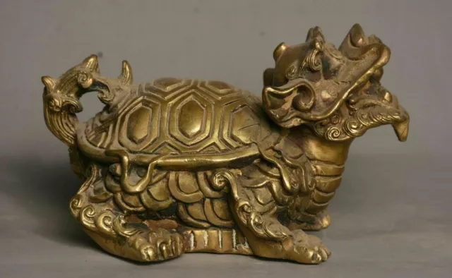 4.8" Old Chinese Copper Brass Feng Shui Dragon Turtle Tortoise longevity Statue