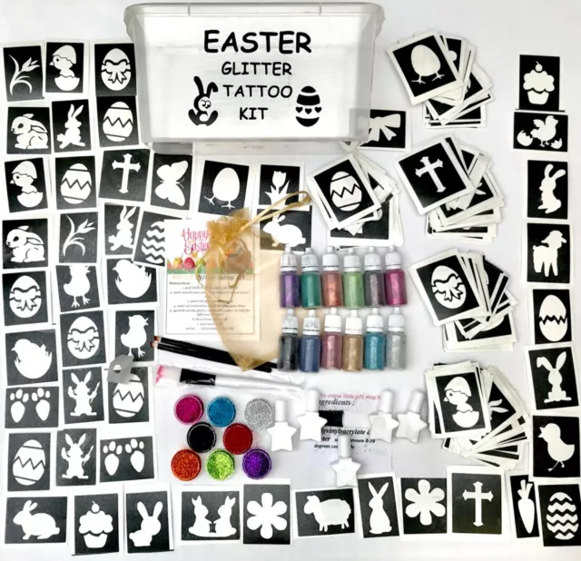 EASTER GLITTER TATTOO KIT 288 LARGE stencils 20 glitters FUNDRAISING SCHOOL