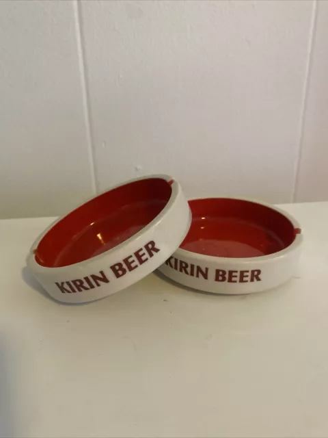 2 Vintage Kirin Beer Ceramic Advertising Ashtray Red & White Japan