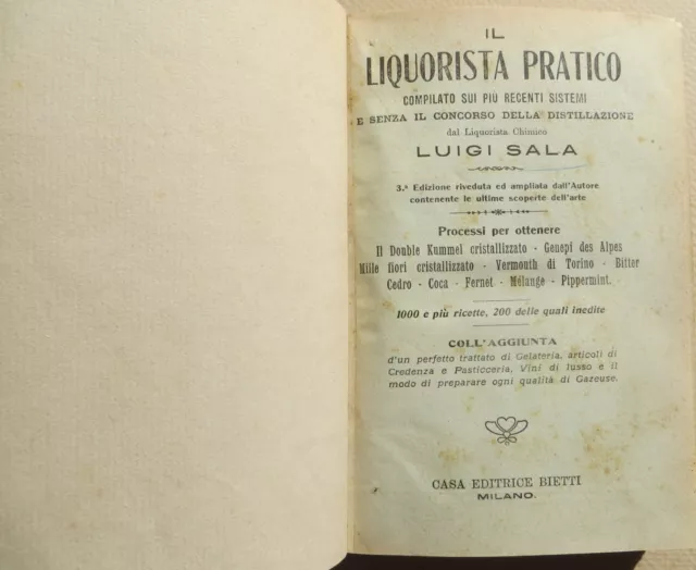 1930 Luigi Sala Il Liquorista Pratico Liquori Coca Cedro Kummel Genepi Mille Fio