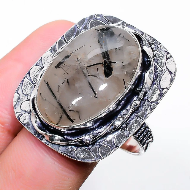 Black Rutile Gemstone Handmade 925 Sterling Silver Jewelry Ring Size 10.5 Easter
