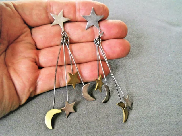 Mexican Southwestern Style Sterling Silver Moons & Stars Drop Post Earrings 4"