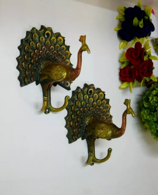 Brass Peafowl Wall Hook Set Of 02 Pieces Peacock Handicraft Towel Hanger EK69