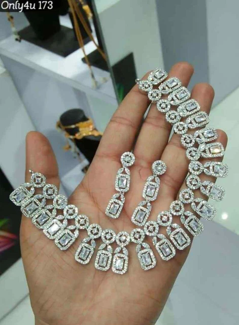 Ethnic Bollywood Bridal Indian Fine Jewelry Gold Plated Earrings AD Necklace Set