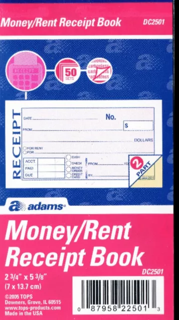 Adams Money/Rent Receipt Books - DC2501 - 5 Pack -©2010 TOPS - 2 3/4" x 5 3/8"