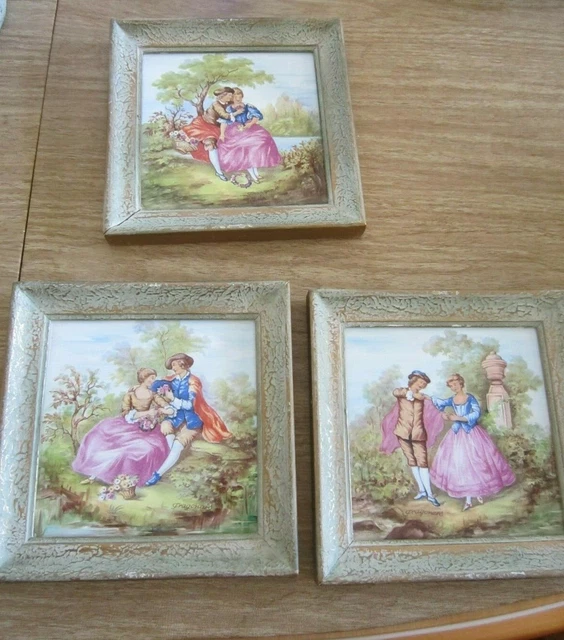 3 Vintage VICTORIAN COUPLE  Framed TILES Ceramic Porcelain Plaque Fragonard