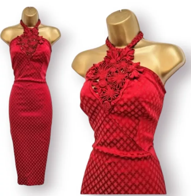Karen Millen Red Polka Satin Halterneck Pencil Wiggle Occasion Dress UK 14