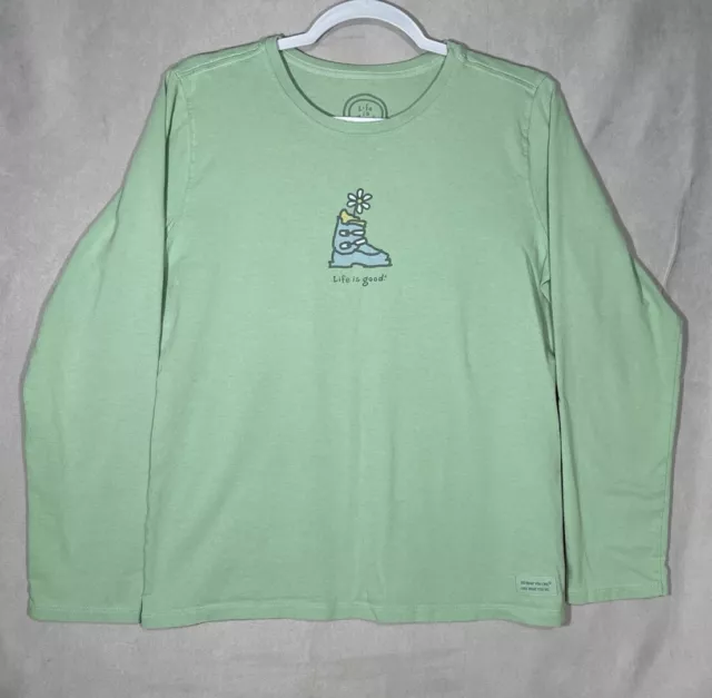 Life Is Good Womens Long Sleeve Light Green Shirt Size M Hiking Boot Daisy