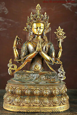 Tibet Buddhism Temple Bronze 4 Arms Chenrezig Goddess Kwan-yin Buddha Statue