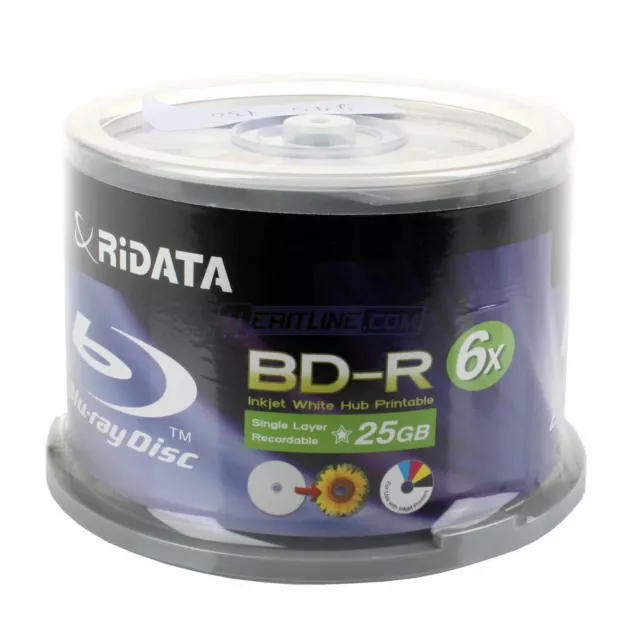 50-Pack RiData 6X White Inkjet HUB Printable BD-R Blu-Ray Blank Disc Media 25GB