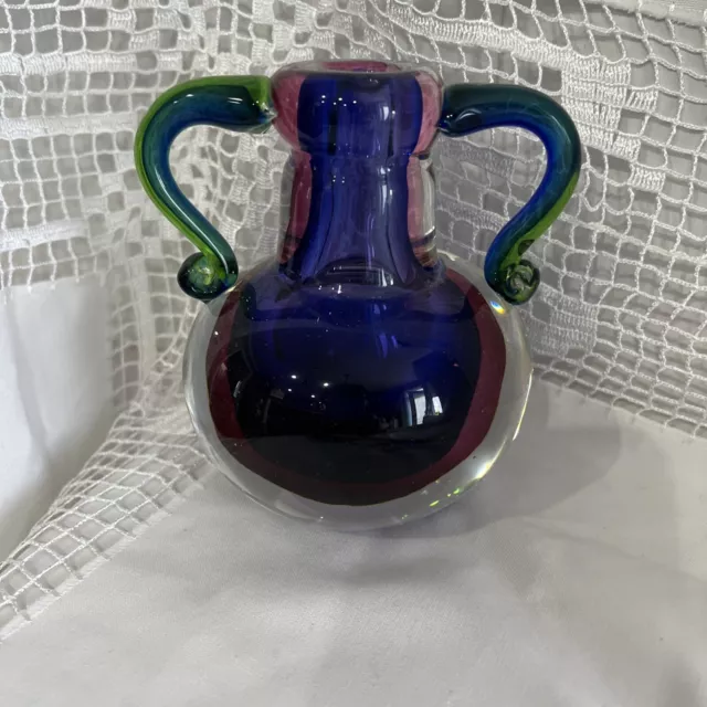 Tall Heavy Murano Italy Purple 2 Handled Hand Blown Heavy Art Glass Vase