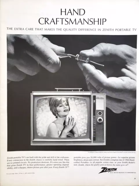 Zenith Hand Craftsmanship Television Portable TV 1966 Vtg Print Ad 10.5x13