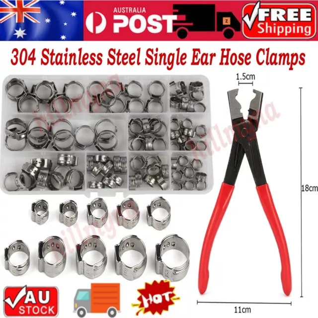 130/45Pcs 304 Stainless Steel Single Ear Stepless Hose Clamps 6.5-21mm Kit Set