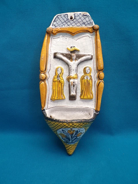 Ancien Très Grand Bénitier En Faience Polychrome