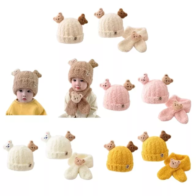 Cute Bear Plush Hat Winter Warm Hat Neck Scarf Set for Infant Toddler