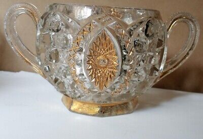 ABP Brilliant Cut Glass Crystal Double Handled Open Sugar Bowl Gold accented