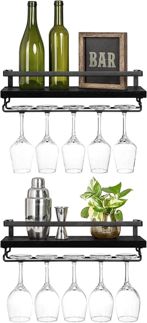 Wall Mounted Wine Rack Set of 2 Wood Shelf Rustic Wine Bottle Glass Floating She
