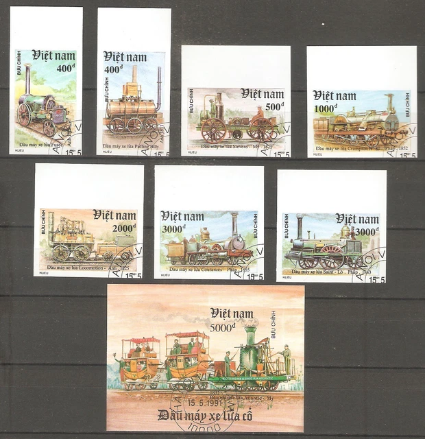 Lokomotive Eisenbahn 1991 Vietnam 2323/2329 + Block 88 ungezähnt gestempelt