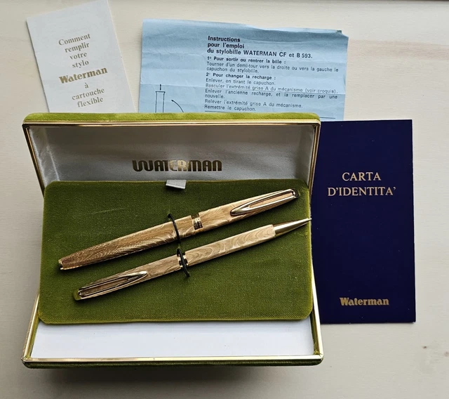 Parure Waterman CF Moiré Plaqué Argent - Stylo Plume Or 18K + Bille - Ancienne En Très Bon état