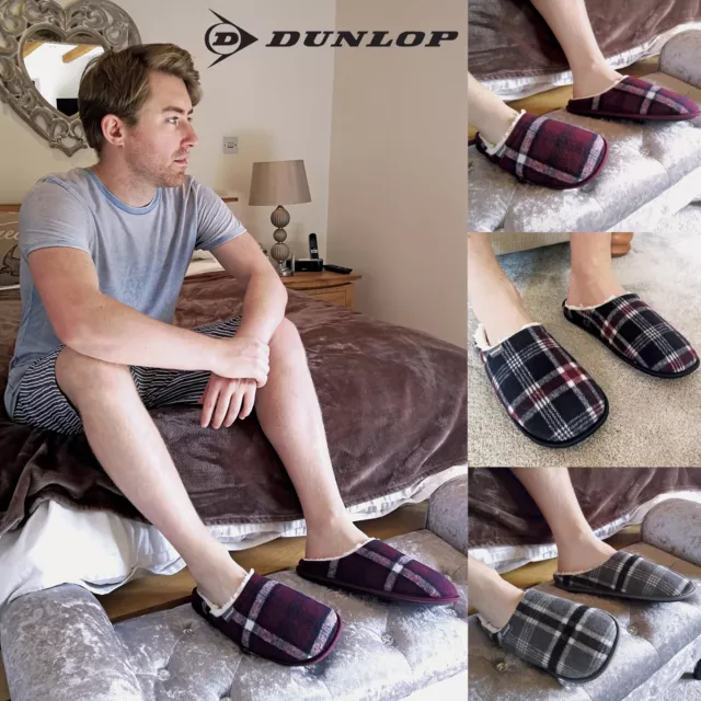 DUNLOP - Mens Warm Plush Fleece Lined Slip On Mule Checked Plaid Slippers