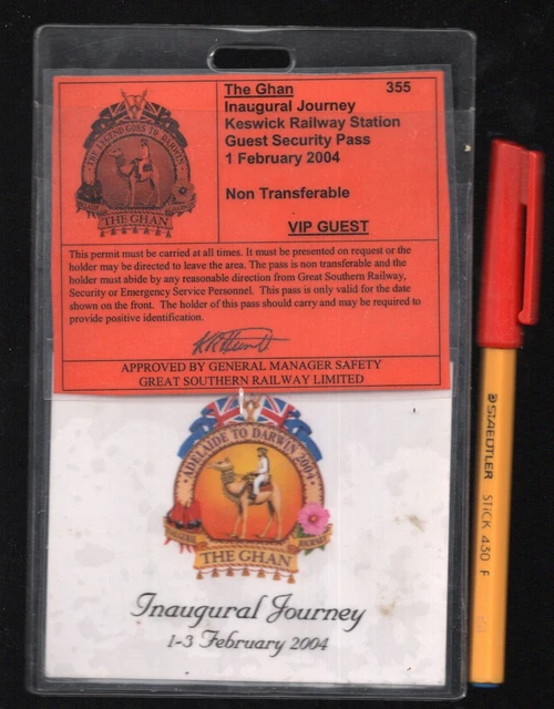 Australian Railways THE GHAN Adelaide-Darwin INAUGURAL  JOURNEY GUEST PASS