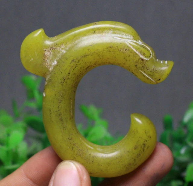 6CM China Hongshan Culture Old Green Jade Carve Yu Pig Long Dragon Hook Pendant