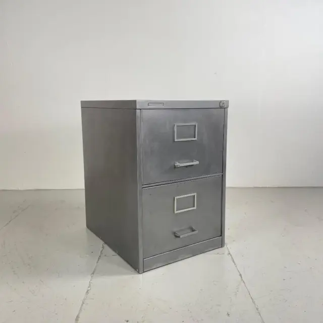 Vintage Industrial Stripped Metal 2 Drawer Filing Cabinet Metal Handles #4112A